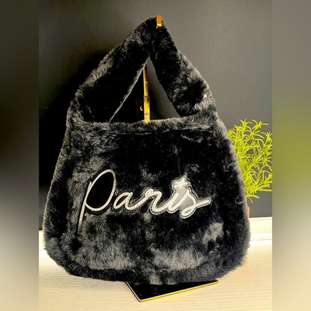 Paris Hilton Faux Fur Rhinestone Signature Shoulder Bag Black NWT